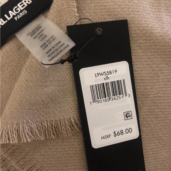 Karl Lagerfeld Paris Camel Rectangular Scarf Studded Logo & Eiffel Tower OS NWT - Picture 3 of 12